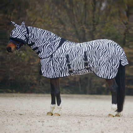 Full Protection - Zebra Fly Mesh Insect protector Rug With Belly Flap and Matching Fly mask