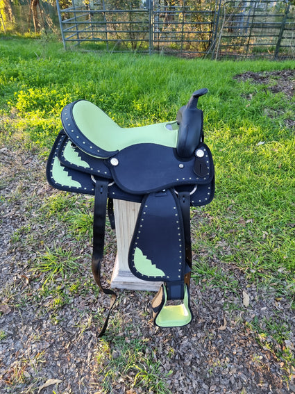 7"- Wide Gullet- Green / black Synthetic Cordura - Show  Pleasure Western Saddle