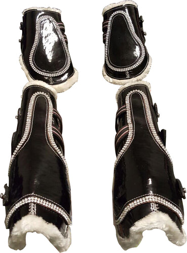 Black-Bling Faux Patent Leather Tendon/ Fetlock Boots with Fur lining-Set of Four