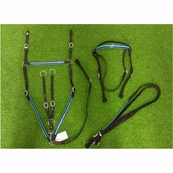 Blue Accent-Braided Pattern-Leather Bridle-Breastplate and Reins set