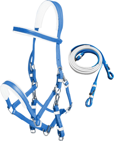 White Blue PVC Marathon Bridle With Rubberised Piimple Grip Reins