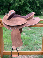 Kids- Natural finish- Ornate carved-Leather-Half Breed-Swinging Fender Saddle-Size 13 & 14