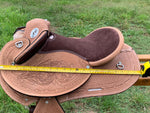 Kids- Natural finish- Ornate carved-Leather-Half Breed-Swinging Fender Saddle-Size 13 & 14