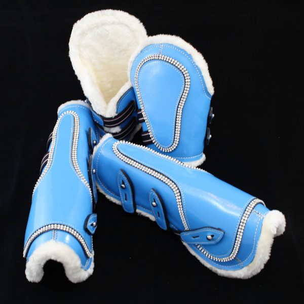 Light Blue-Bling Faux Patent Leather Tendon/ Fetlock Boots with Fur lining-Set of Four