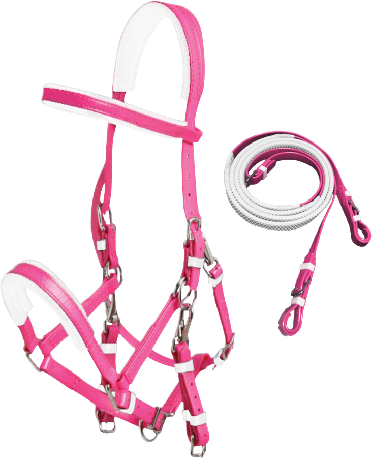 White Pink PVC Marathon Bridle With Rubberised Piimple Grip Reins