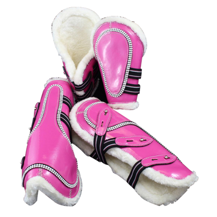 Pink-Bling Faux Patent Leather Tendon/ Fetlock Boots with Fur lining-Set of Four