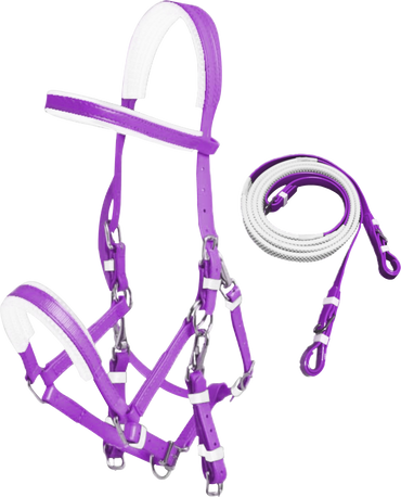 White Purple PVC Marathon Bridle With Rubberised Pimple Grip Reins