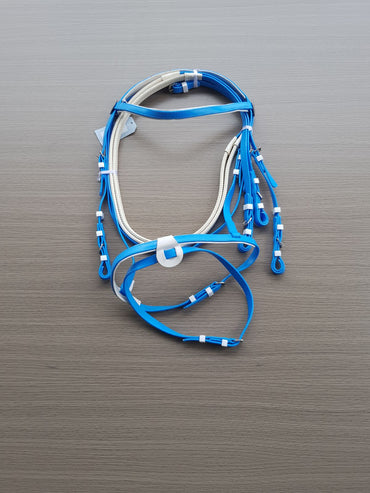 PVC-Blue-White-Eventing Bridle With Matching Pimple Grip Reins