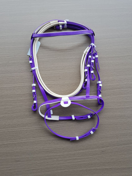 PVC-Purple-White-Eventing Bridle With Matching Pimple Grip Reins