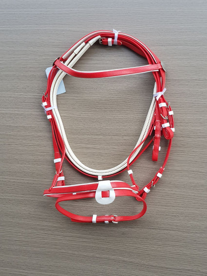 PVC-Red-White-Eventing Bridle With Matching Pimple Grip Reins
