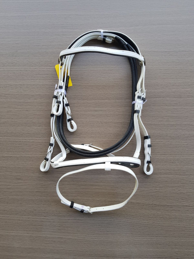 PVC-White-Black-Eventing Bridle With Matching Pimple Grip Reins