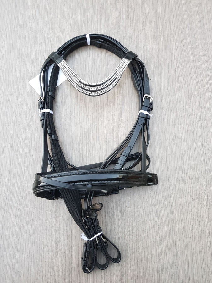 Silver Three  Row Crystal Leather Bridle With Webb / Leather Reins